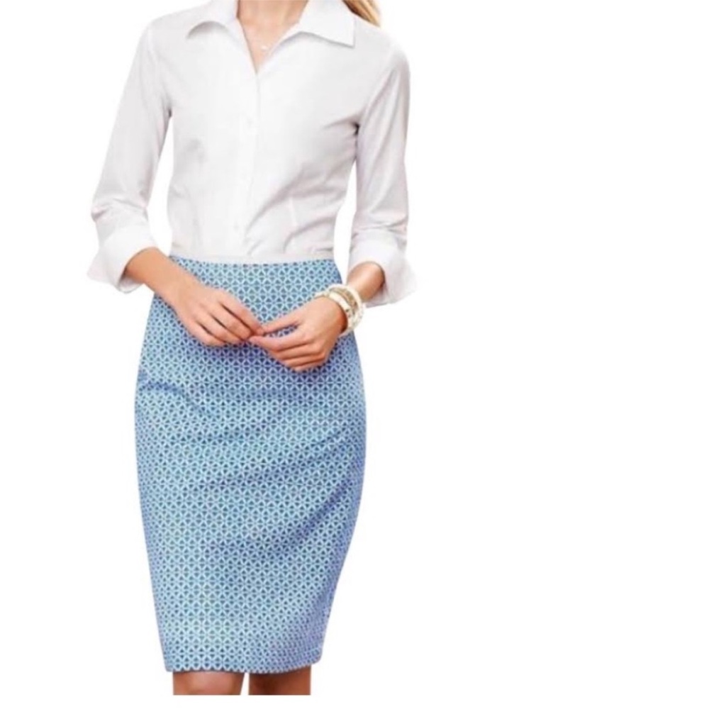 TALBOTS EYELET PENCIL SKIRT blue white 10p petite large flower work professional